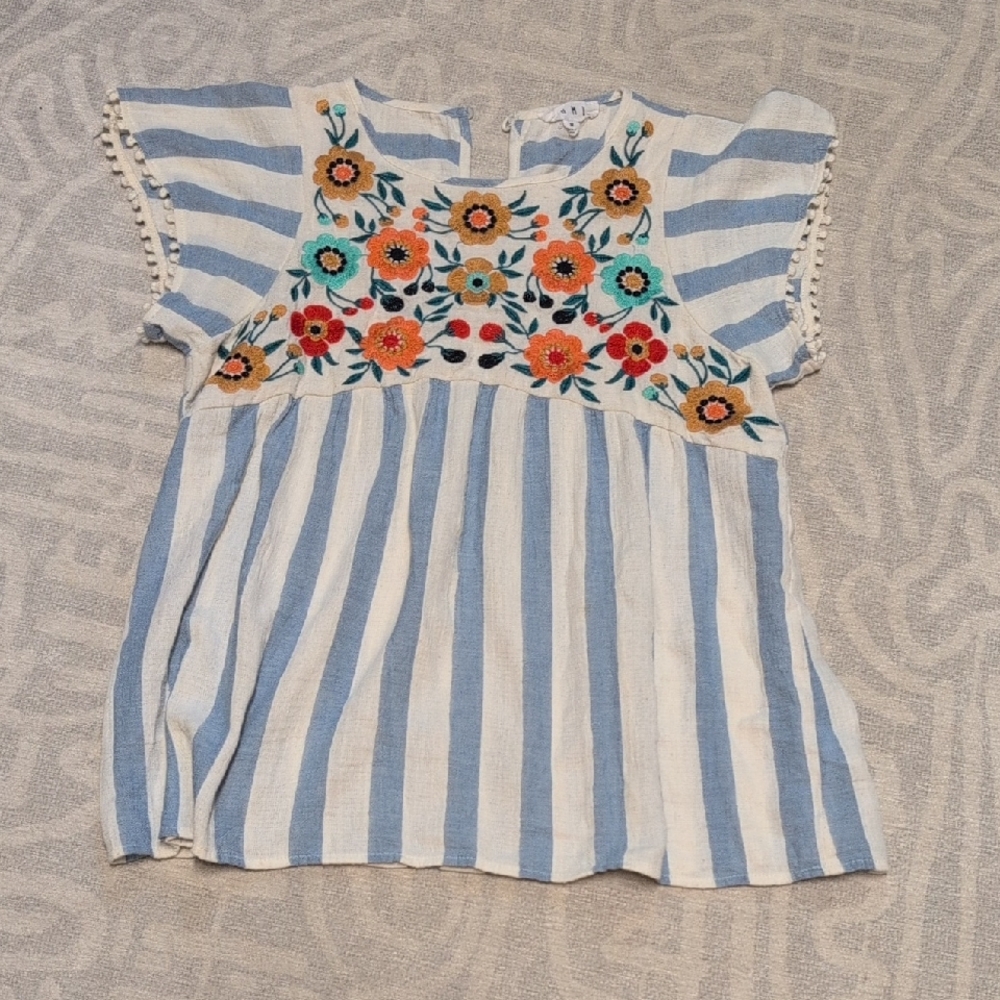 THML Blue and White Striped Top with Floral Design